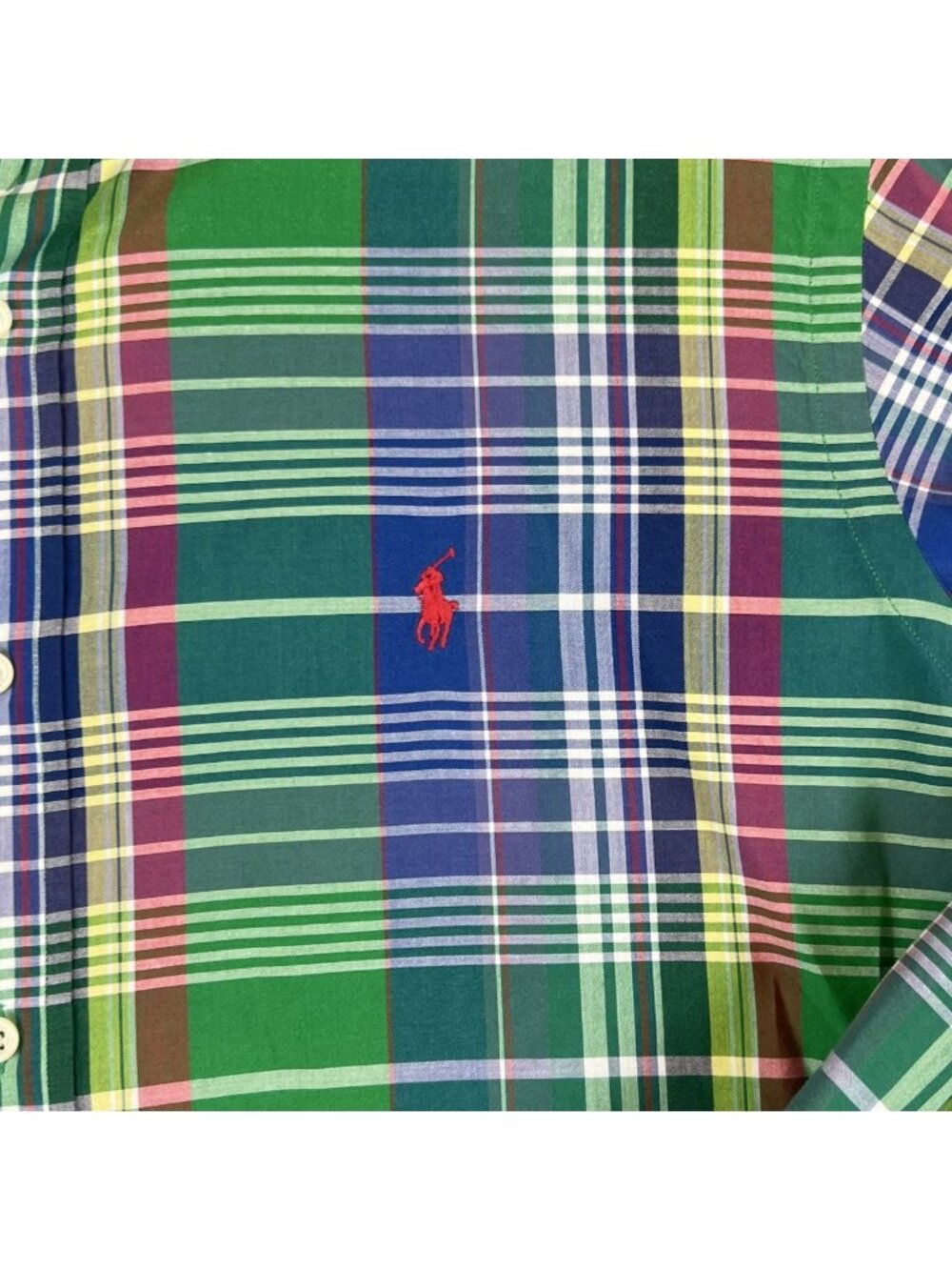 Ralph Lauren Mens Green Blue Plaid Button-Down Shirt XL Custom Fit Cotton Long S - Picture 7 of 9